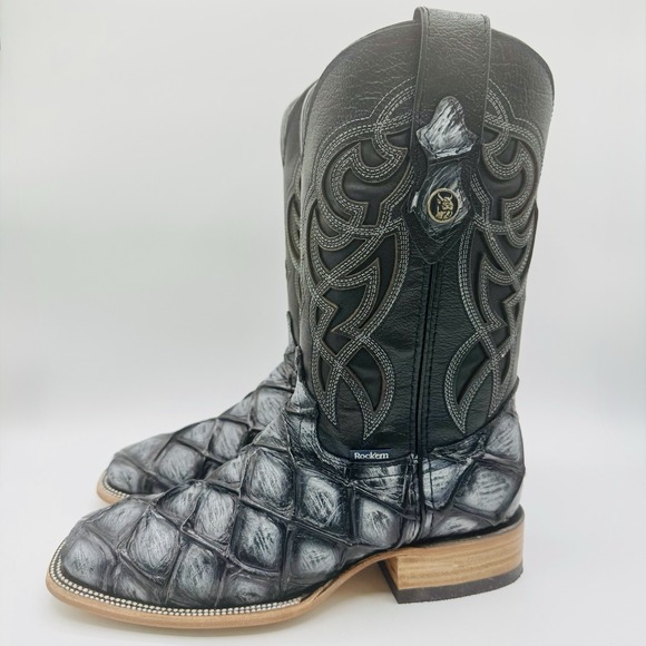 Rock\'em Big Bass Print Boots Men\'s Size 7.5 EE Black Leather  Square Toe main image 14